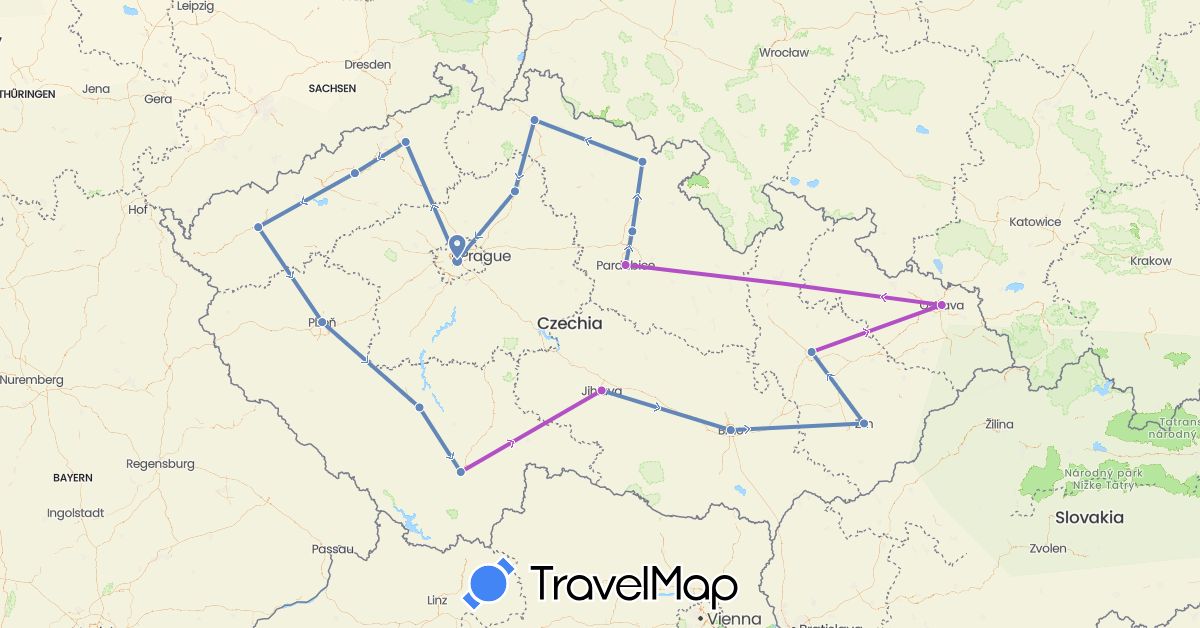 TravelMap itinerary: driving, cycling, train in Czech Republic (Europe)